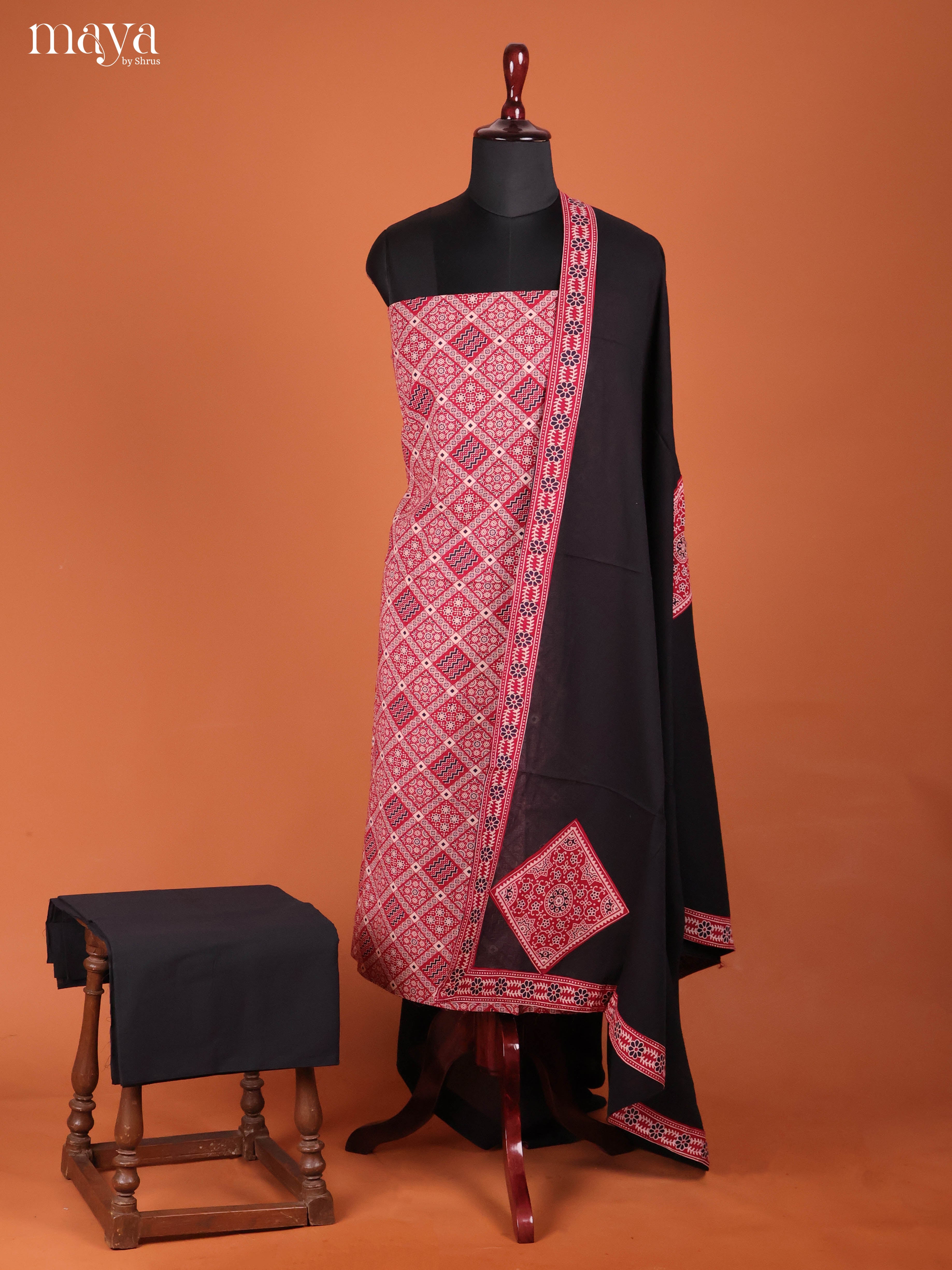 Elegant Red Ajrakh Suit Set With Geometric Prints & Black Dupatta