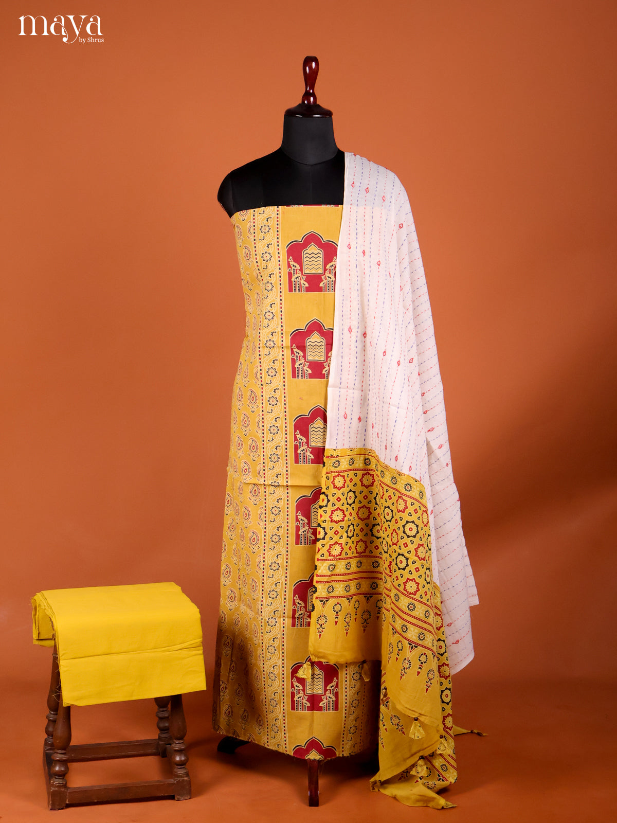 Charming Yellow Ajrakh Cotton Suit Material With White Dupatta