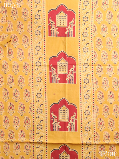 Charming Yellow Ajrakh Cotton Suit Material With White Dupatta