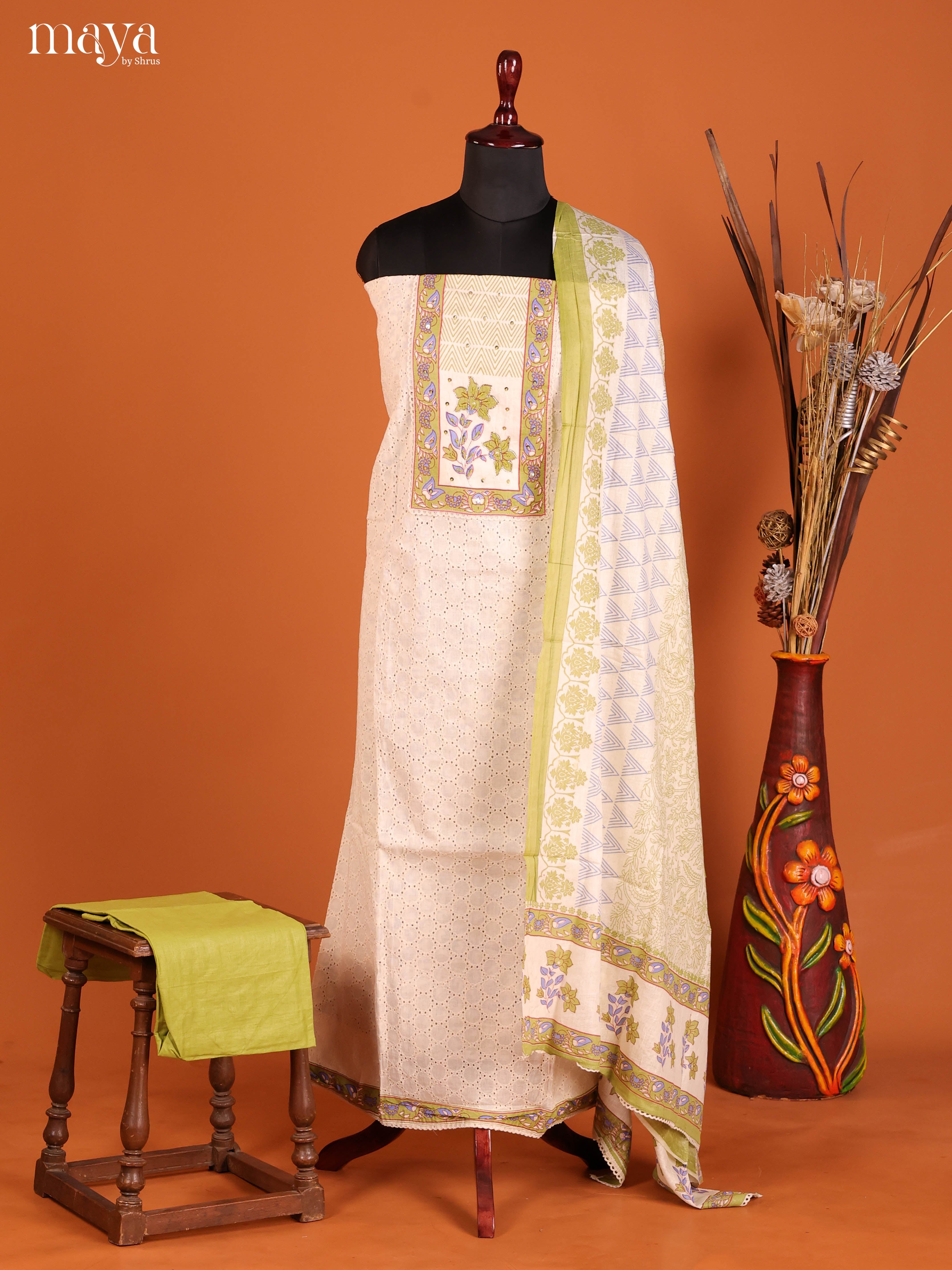 Graceful Cream Chikankari Cotton Salwar Suit Material With Yoke Neck