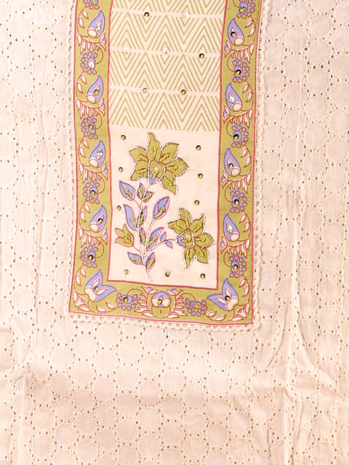 Graceful Cream Chikankari Cotton Salwar Suit Material With Yoke Neck
