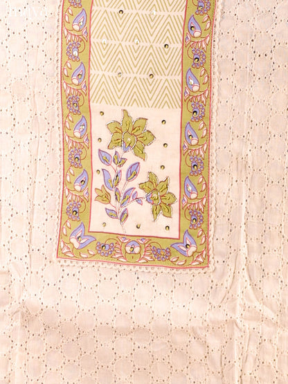 Graceful Cream Chikankari Cotton Salwar Suit Material With Yoke Neck