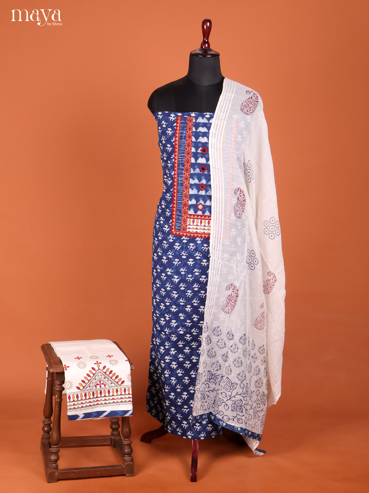 Pretty Blue Ajrakh Cotton Salwar Suit Material With White Dupatta