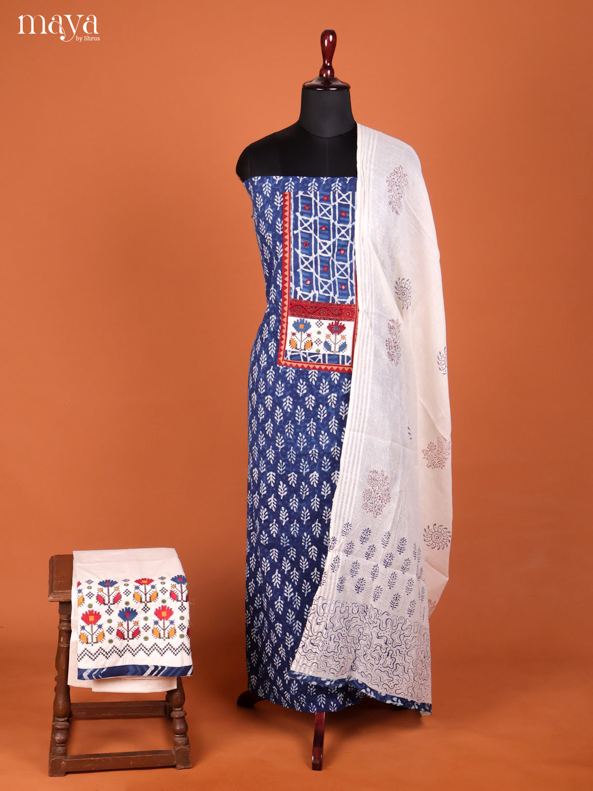 Graceful Blue Ajrakh Cotton Salwar Material Set With Embroidered Yoke Neck