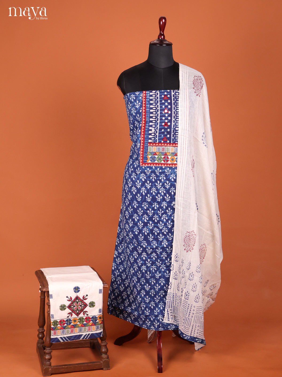 Elegant Blue Ajrakh Cotton Salwar Suit Material With White Dupatta