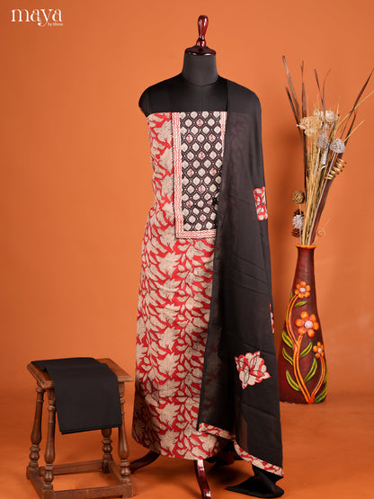 Classy Red Floral Cotton Salwar Kameez Material With Black Yoke Neck