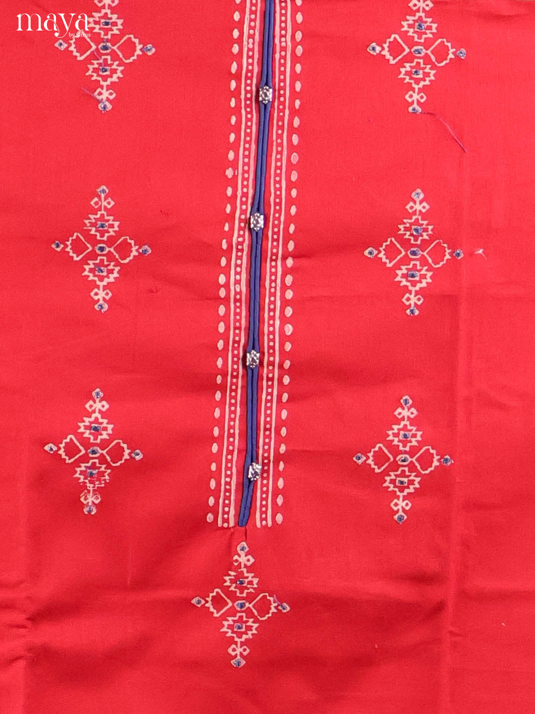 Exquisite Red Cotton Salwar Set Material With Zari Border & Kolam Prints