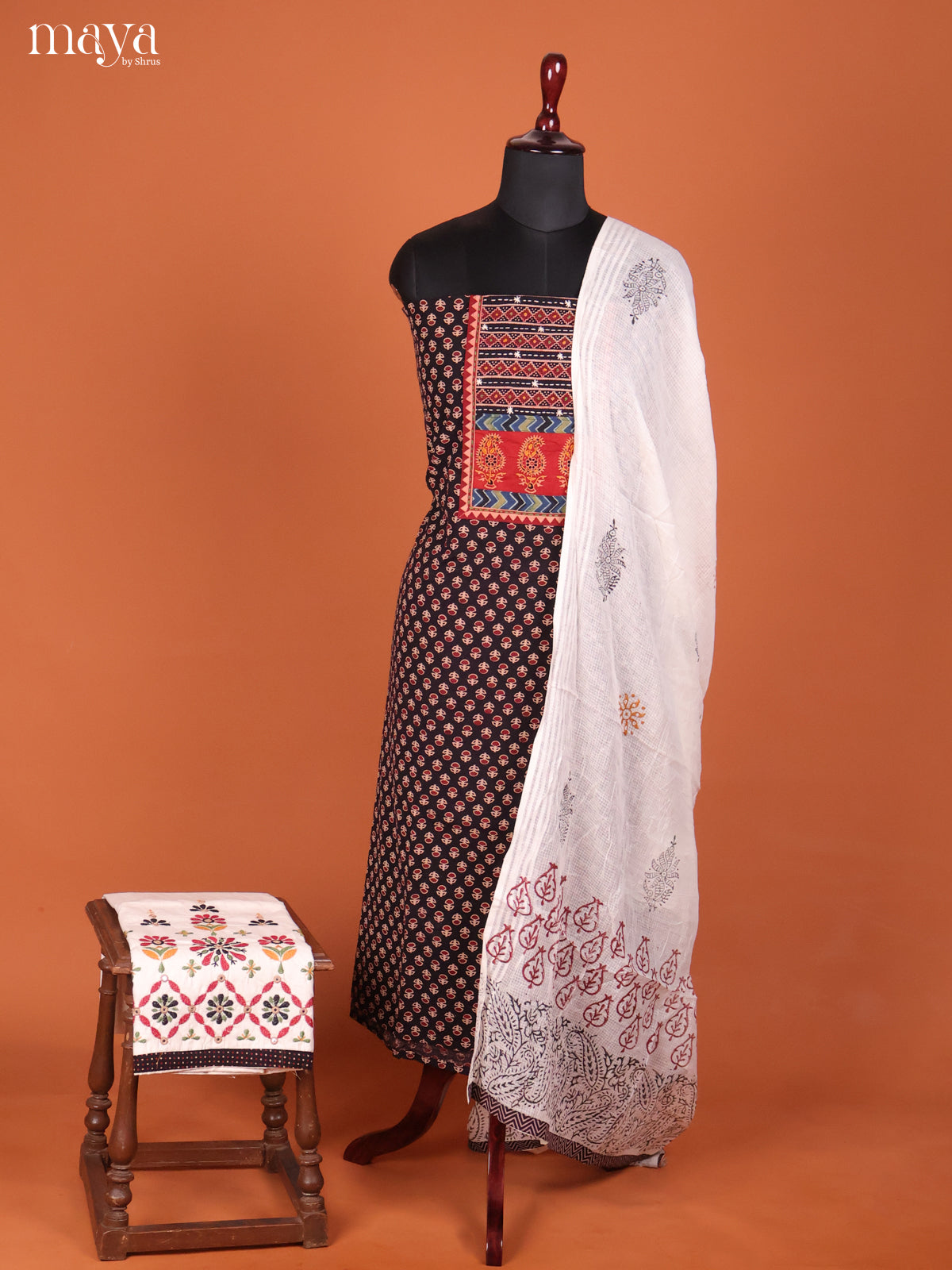 Regal Black Ajrakh Cotton Dress Material With White Dupatta