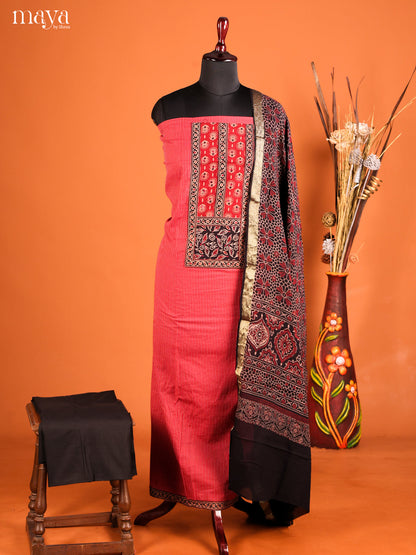 Classic Red Striped Cotton Salwar Material With Ajrakh Printed Yoke Neck