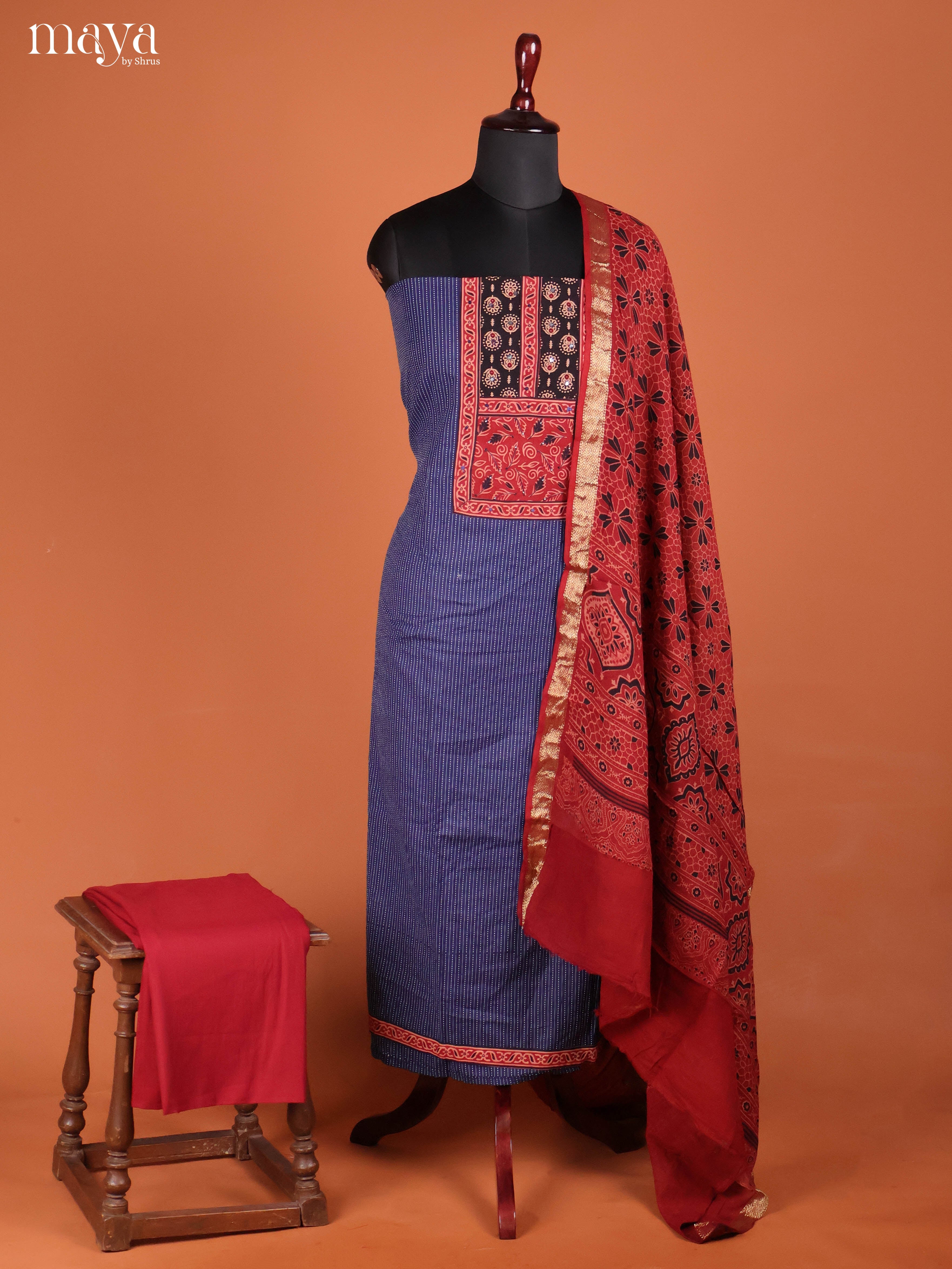 Charming Blue Cotton Salwar Suit Material with Ajrakh Printed Yoke Neck