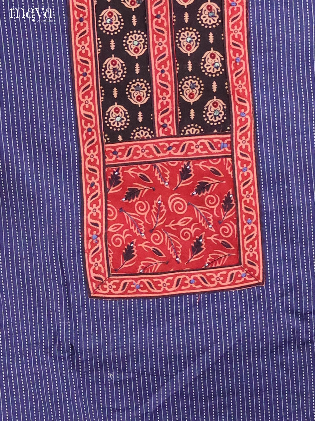 Charming Blue Cotton Salwar Suit Material with Ajrakh Printed Yoke Neck