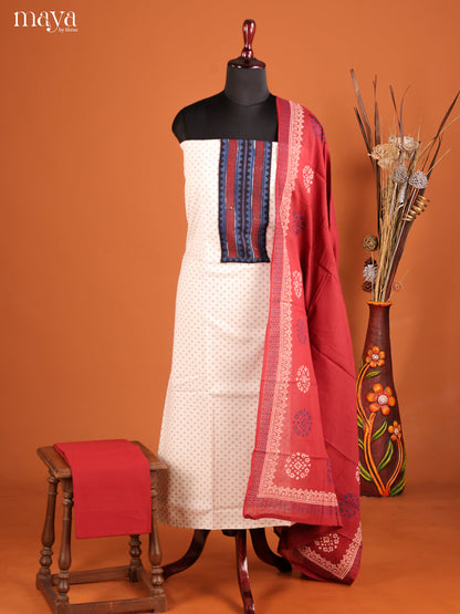 Charming Cream Cotton Salwar Suit Material With Contrast Yoke Neck