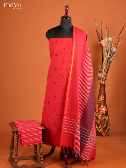 Striking Red Minimalist Woven Cotton Salwar Set Material With Tree Motifs