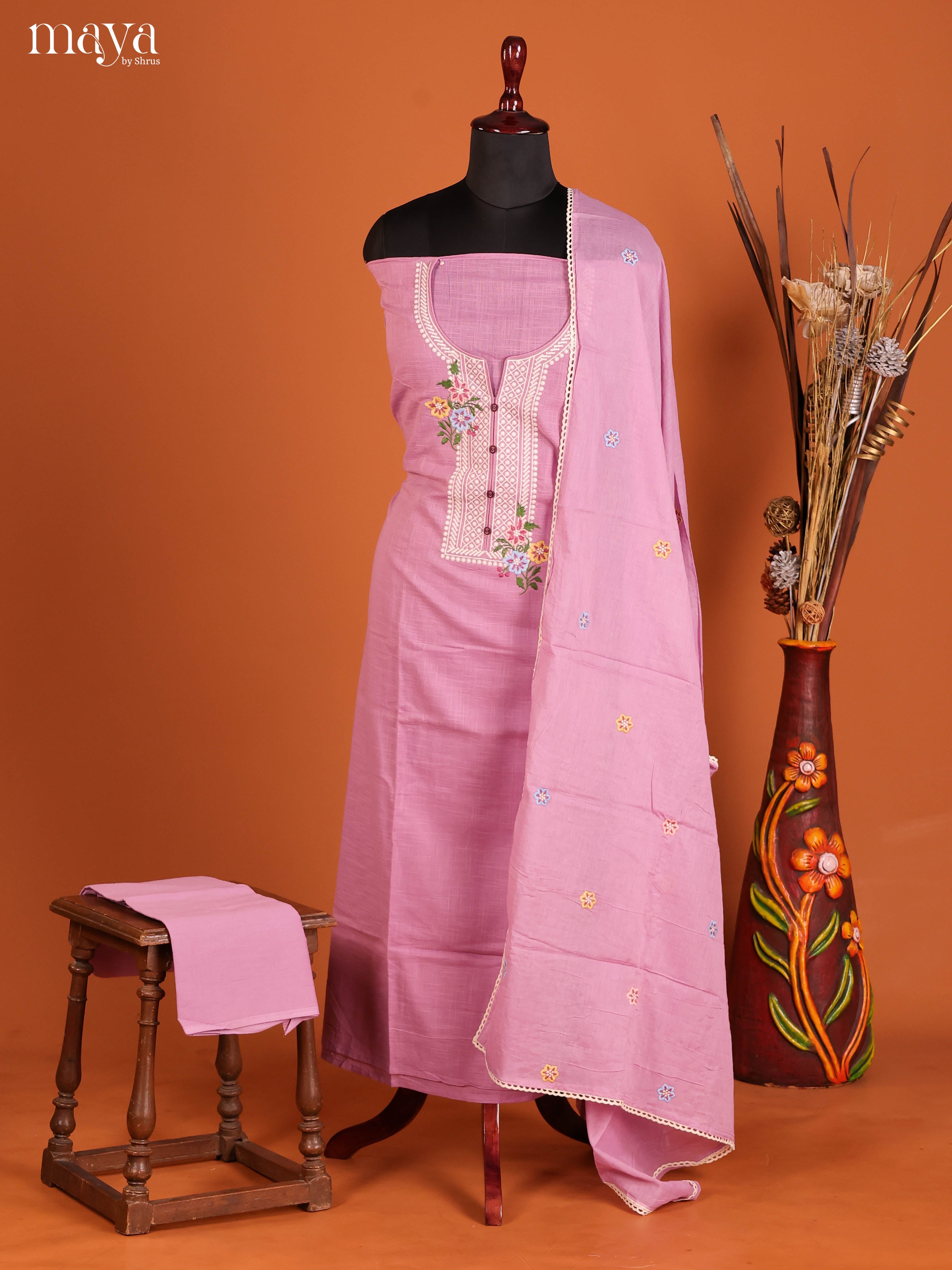Pretty Pink Cotton Unstitched Salwar Suit Set With Embroidered Details