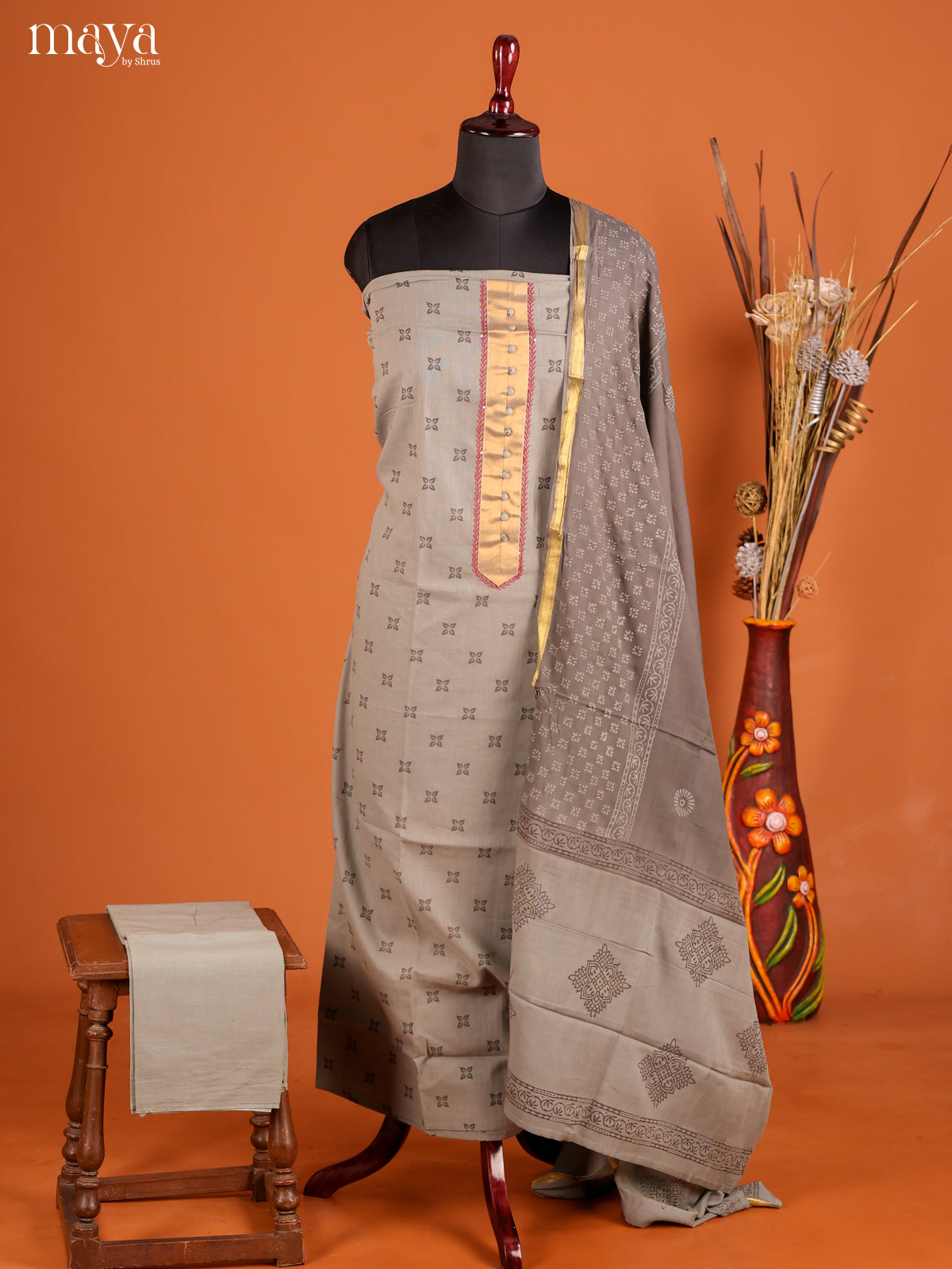 Breezy Grey Floral Cotton Salwar Suit Material With Zari Detailings