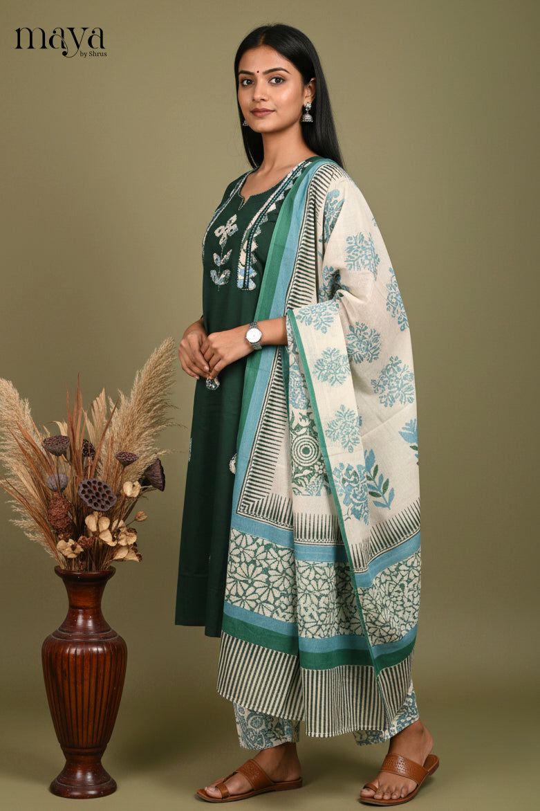 Beautiful Green Readymade Salwar Suit with Patchwork & Printed Dupatta