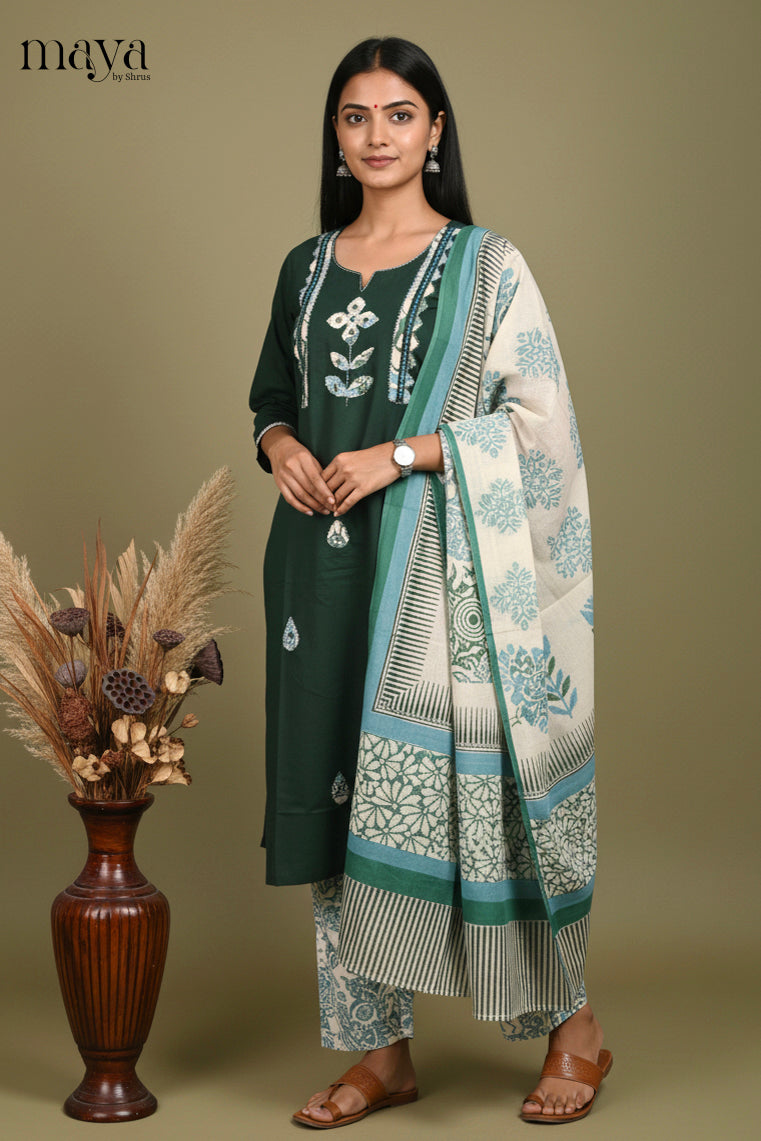 Beautiful Green Readymade Salwar Suit with Patchwork & Printed Dupatta
