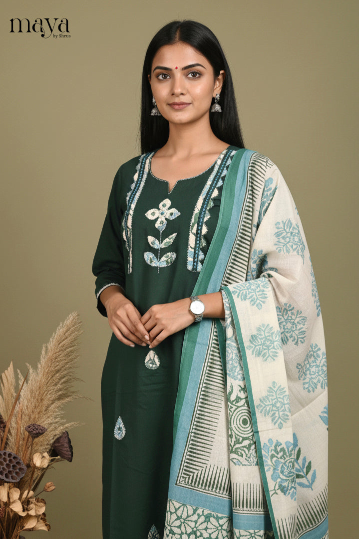 Beautiful Green Readymade Salwar Suit with Patchwork & Printed Dupatta
