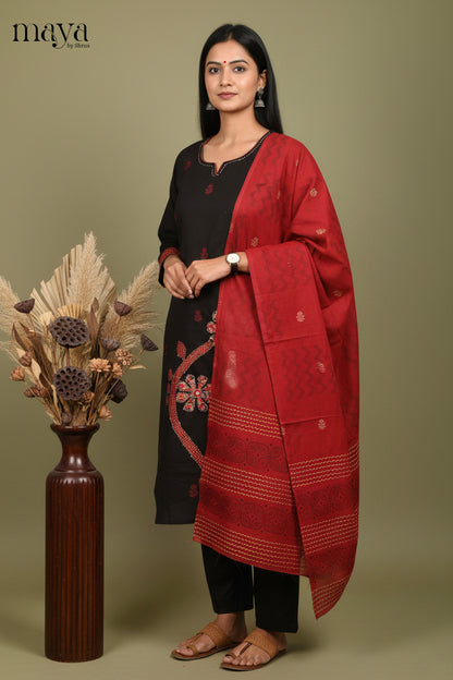 Classic Black Cotton Salwar Suit Set With Patchwork & Red Dupatta