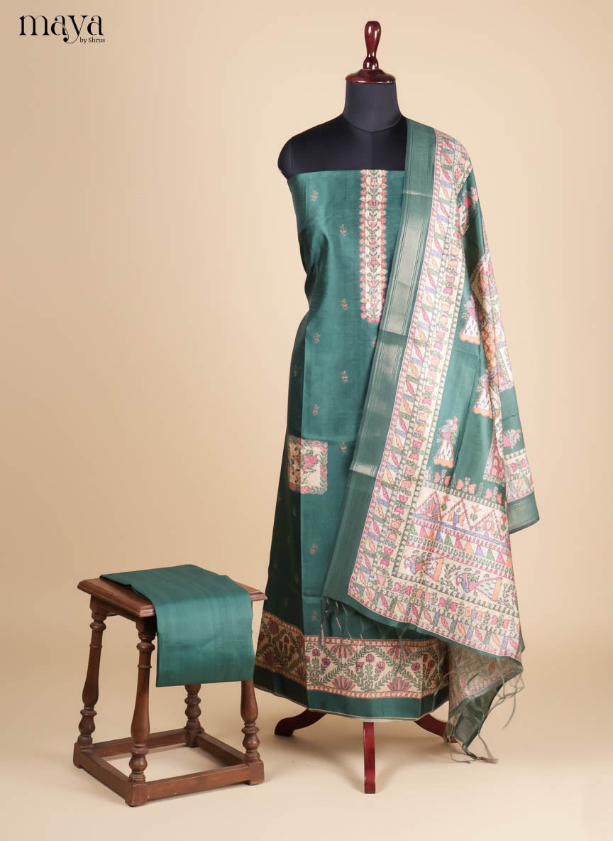 Ravishing Teal Green Semi Tussar Salwar Material With Kalamkari Prints