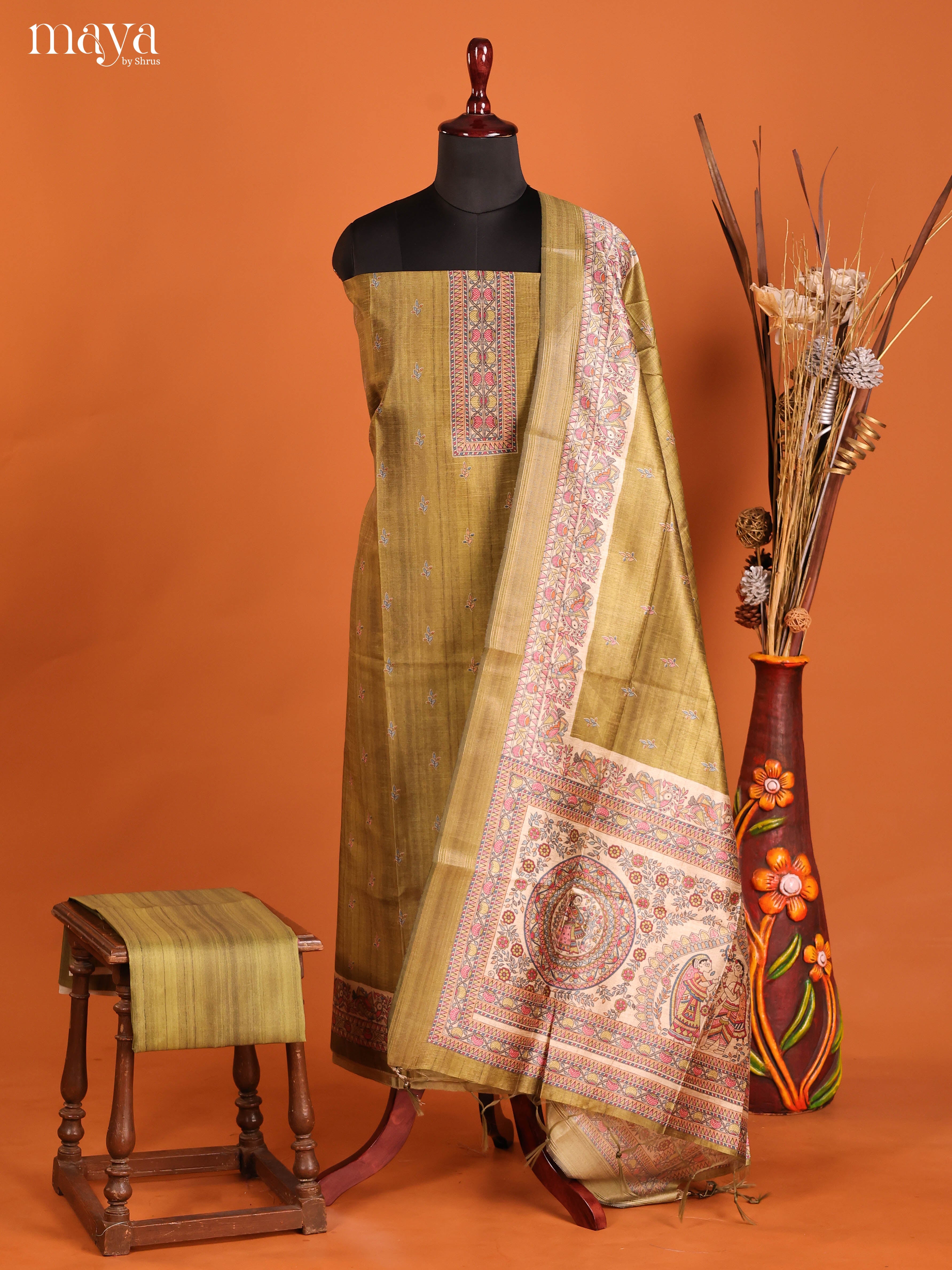Pretty Mustard Green Semi Tussar Salwar Material With Madhubani Prints