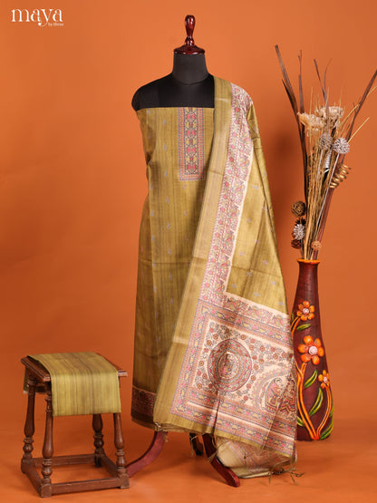 Pretty Mustard Green Semi Tussar Salwar Material With Madhubani Prints