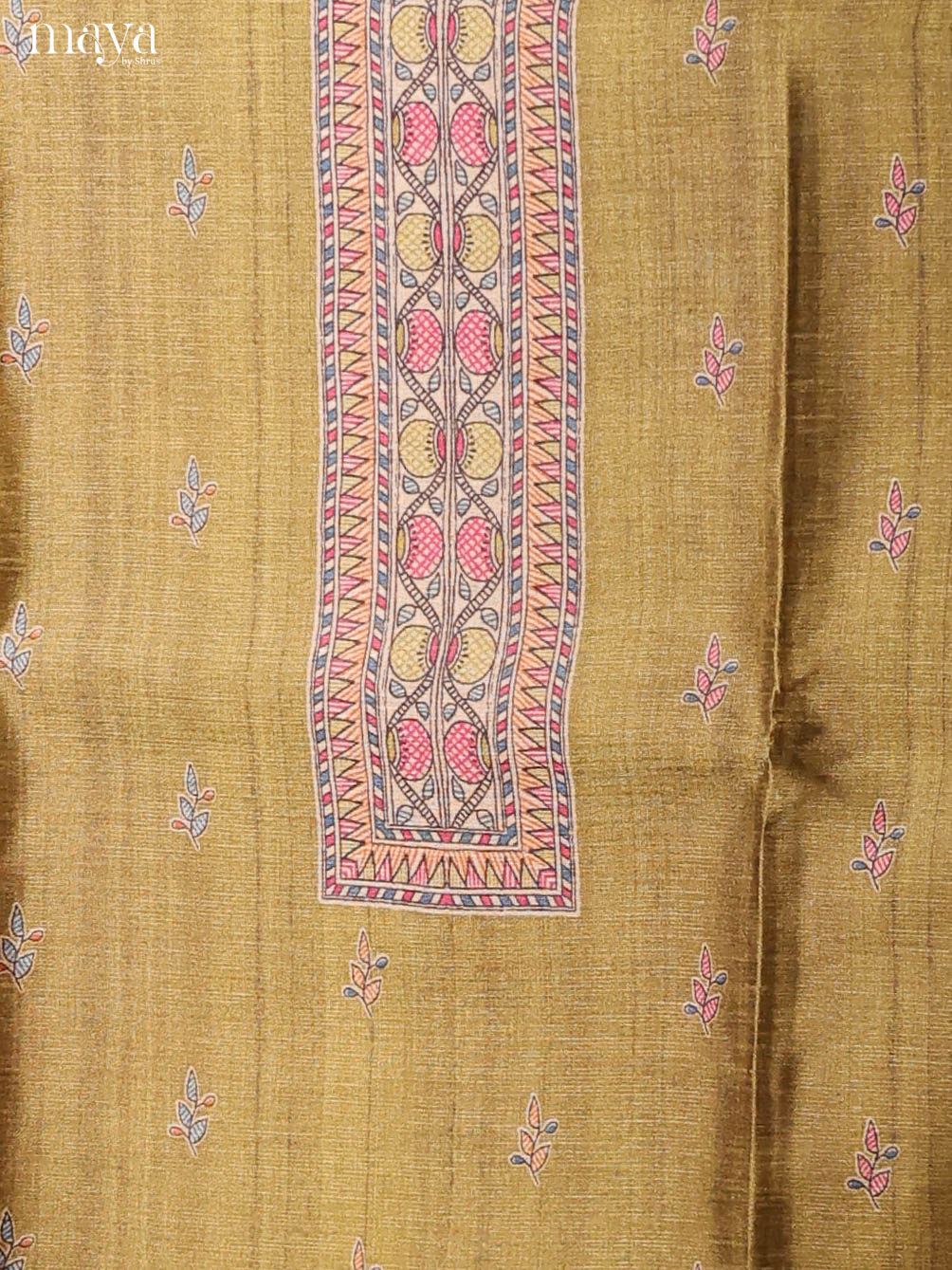 Pretty Mustard Green Semi Tussar Salwar Material With Madhubani Prints
