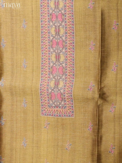 Pretty Mustard Green Semi Tussar Salwar Material With Madhubani Prints