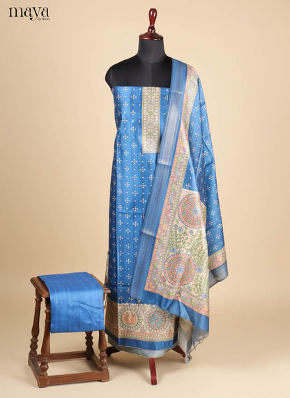 Serene Blue Semi Tussar Salwar Material With Madhubani Prints
