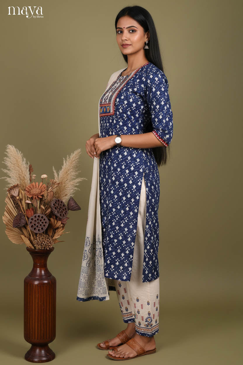 Elegant Navy Blue Readymade Salwar Set with Yoke Neck & White Dupatta