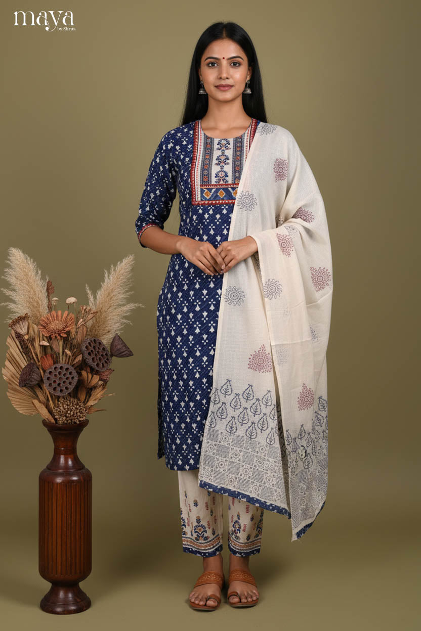 Elegant Navy Blue Readymade Salwar Set with Yoke Neck & White Dupatta