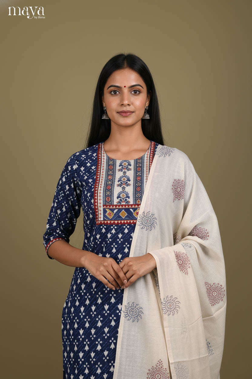 Elegant Navy Blue Readymade Salwar Set with Yoke Neck & White Dupatta