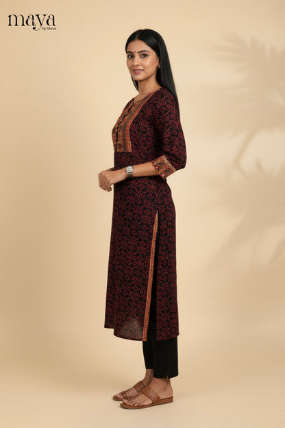 Beautiful Black & Maroon Printed Readymade Kurti with Yoke Neck