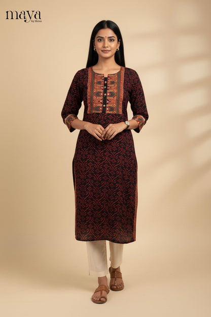 Beautiful Black & Maroon Printed Readymade Kurti with Yoke Neck