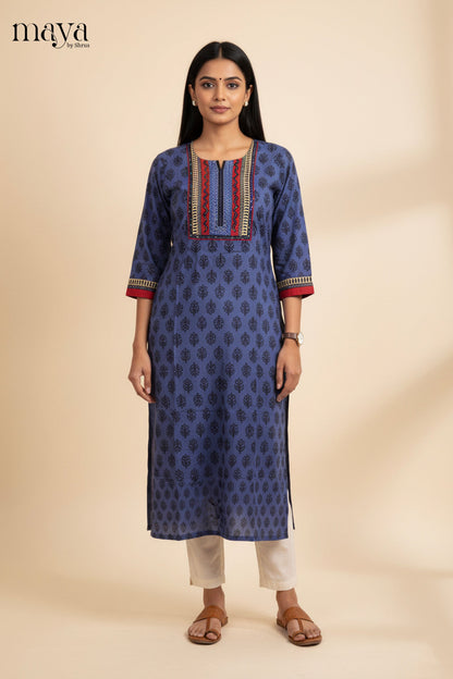 Navy Blue Readymade Kurti With Leaf Prints & Yoke Neck