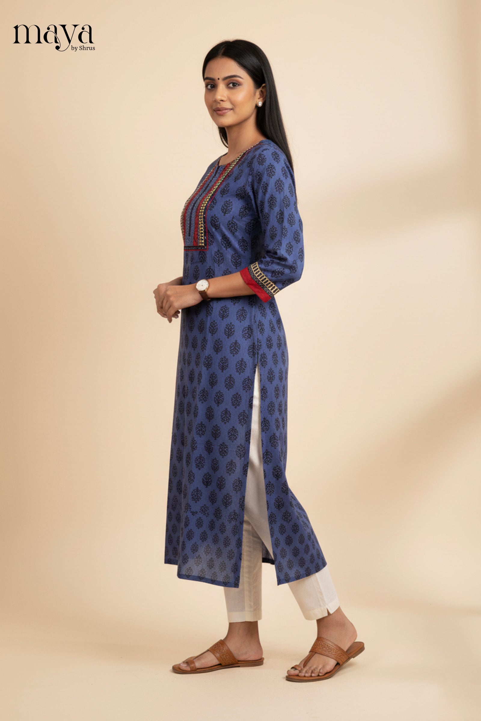 Navy Blue Readymade Kurti With Leaf Prints & Yoke Neck