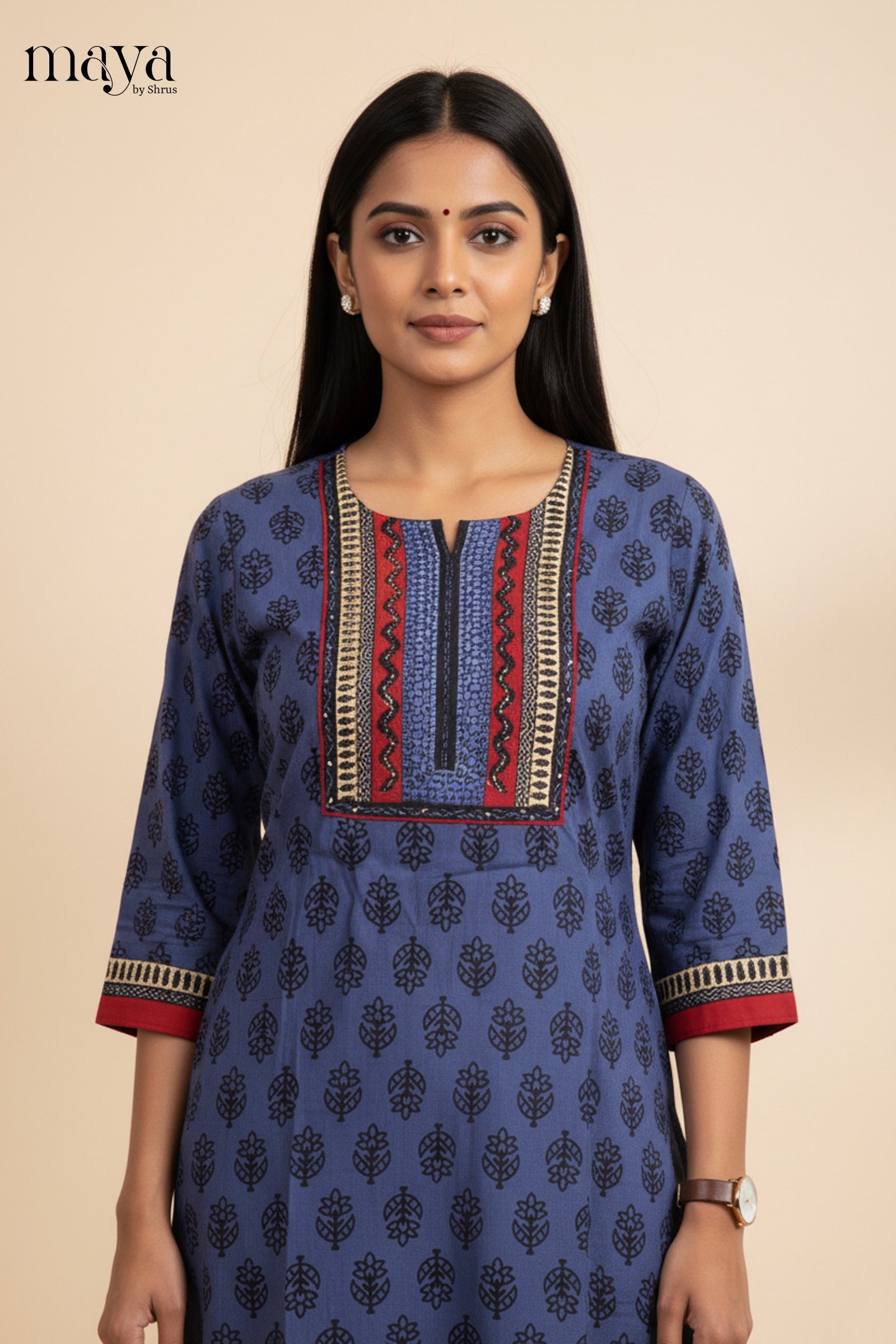 Navy Blue Readymade Kurti With Leaf Prints & Yoke Neck