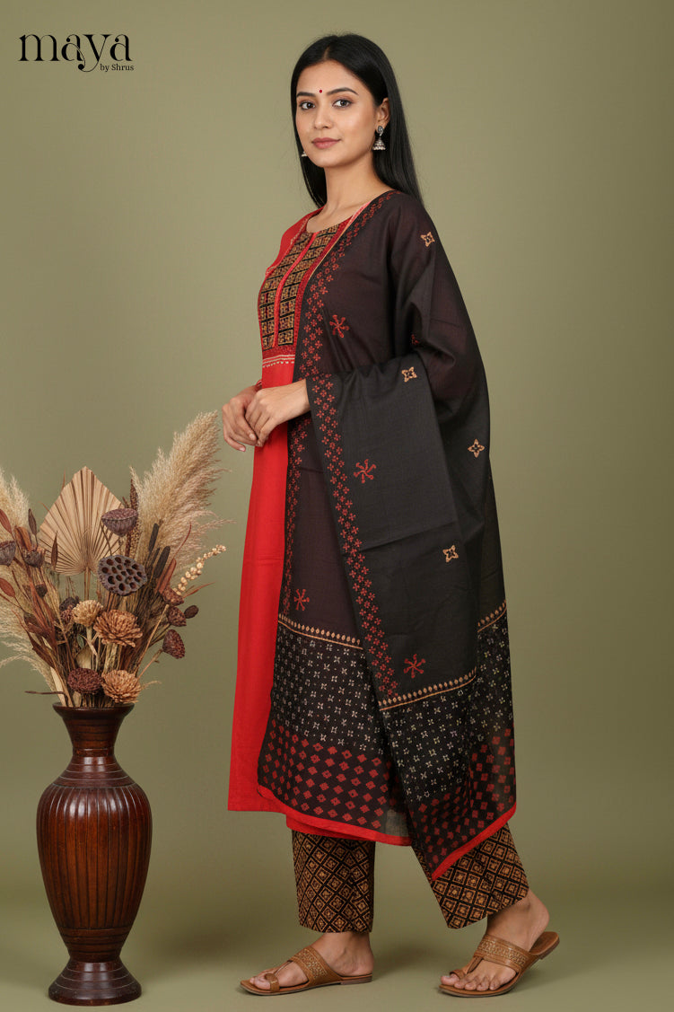 Striking Red Geometric Printed Cotton Salwar Suit Set