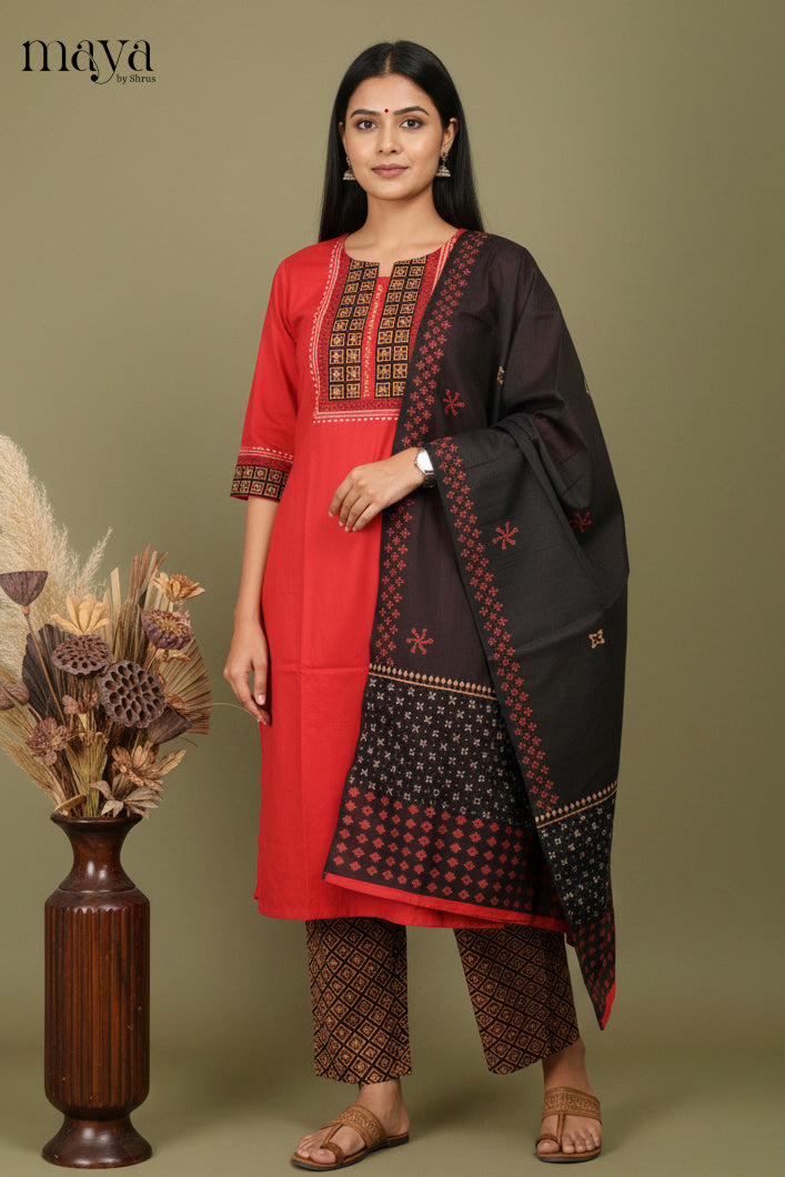Striking Red Geometric Printed Cotton Salwar Suit Set