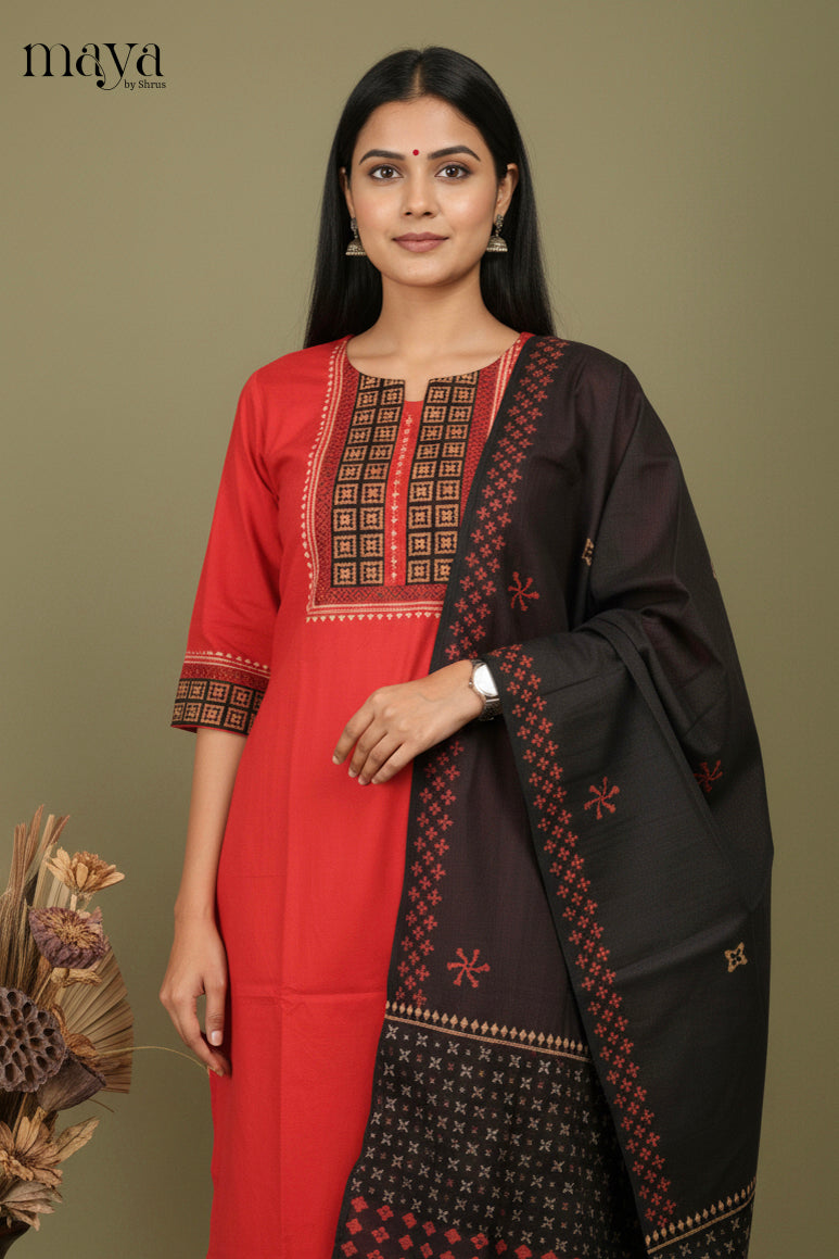 Striking Red Geometric Printed Cotton Salwar Suit Set
