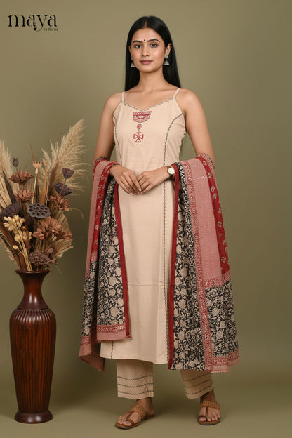 Stylish Beige Sleeveless Salwar Suit with Embroidered Pattern & Printed Dupatta