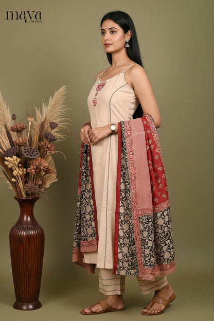 Stylish Beige Sleeveless Salwar Suit with Embroidered Pattern & Printed Dupatta