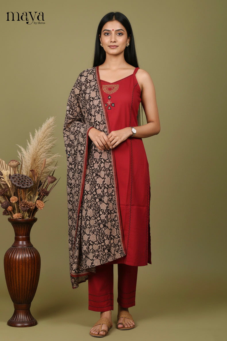 Red Readymade Salwar with Embroidered Design-mdi15014