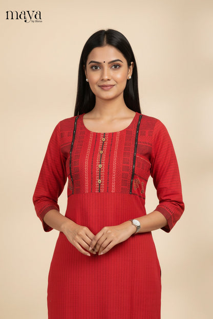 Striking Red Readymade Kurti With Stripes Pattern & Yoke Neck