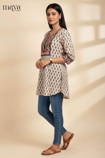 Off-white Tunic Readymade Kurti with Printed Design-mdi15022