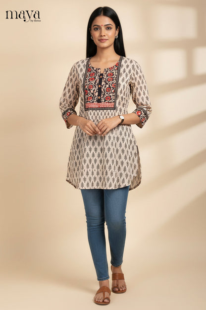 Off-white Tunic Readymade Kurti with Printed Design-mdi15022