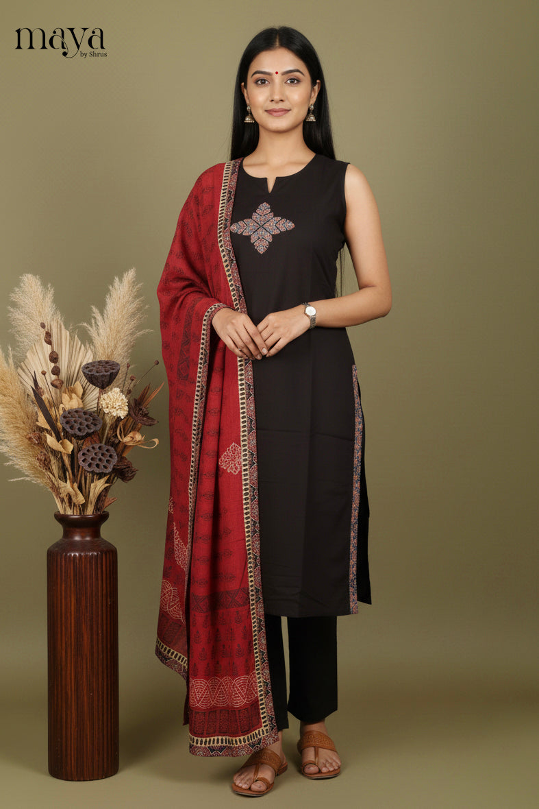 Cute Black Readymade Sleeveless Salwar with Patchwork Design & Red Dupatta