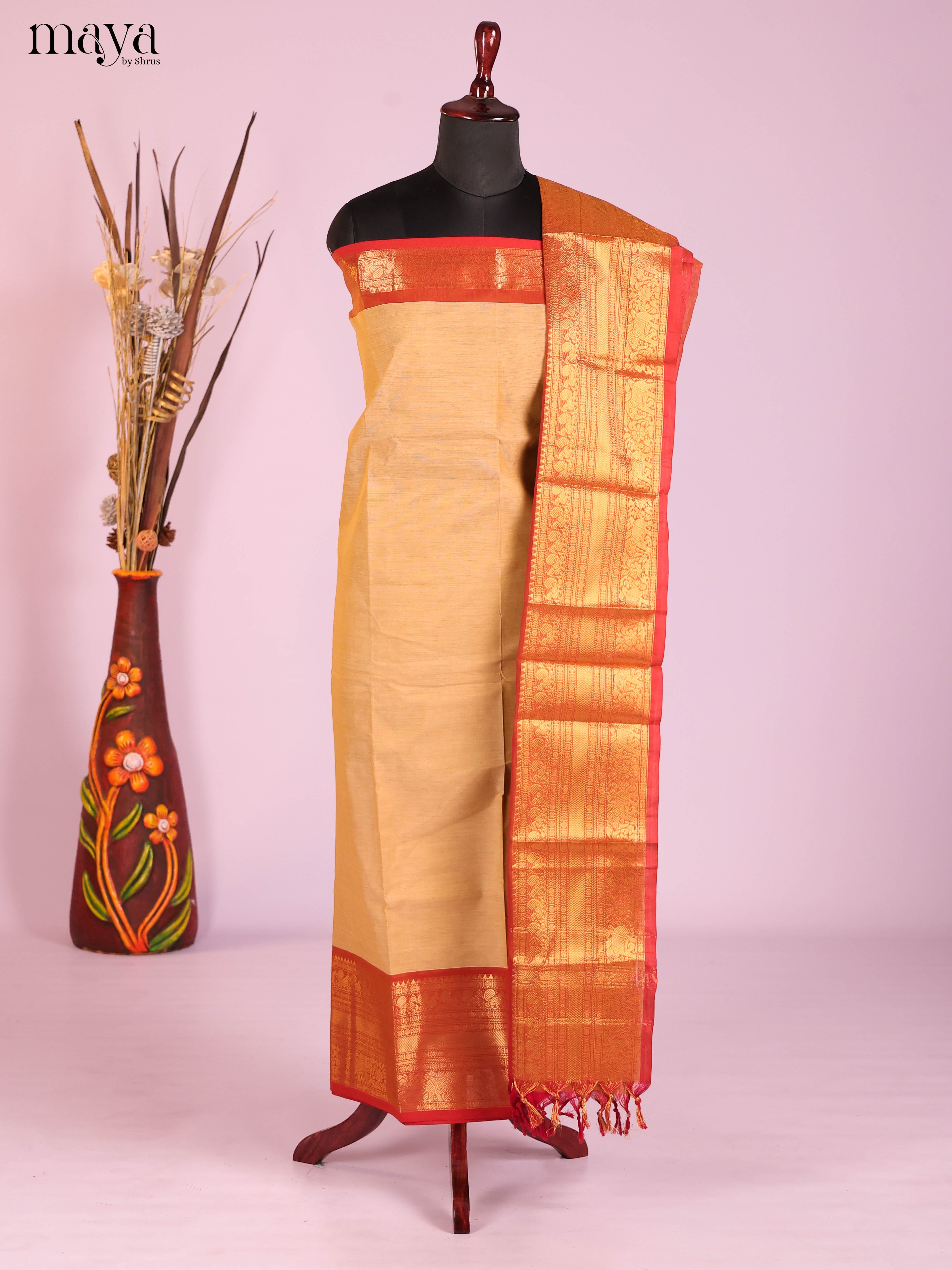 Graceful Beige Chettinad Cotton Top & Dupatta Set With Orange Zari Border