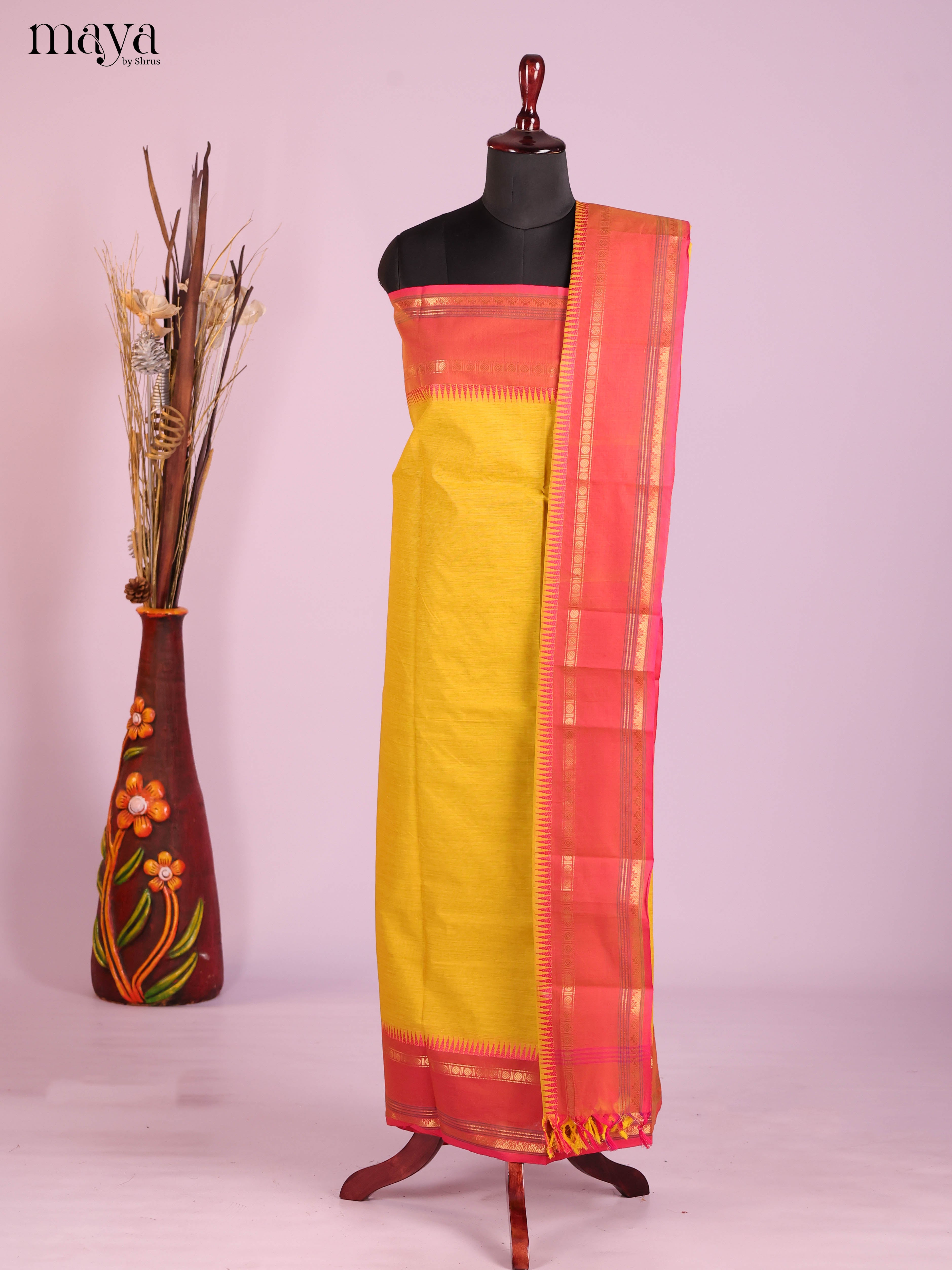 Radiant Yellow Chettinad Cotton Churidar Material Set With Rettaipet Border