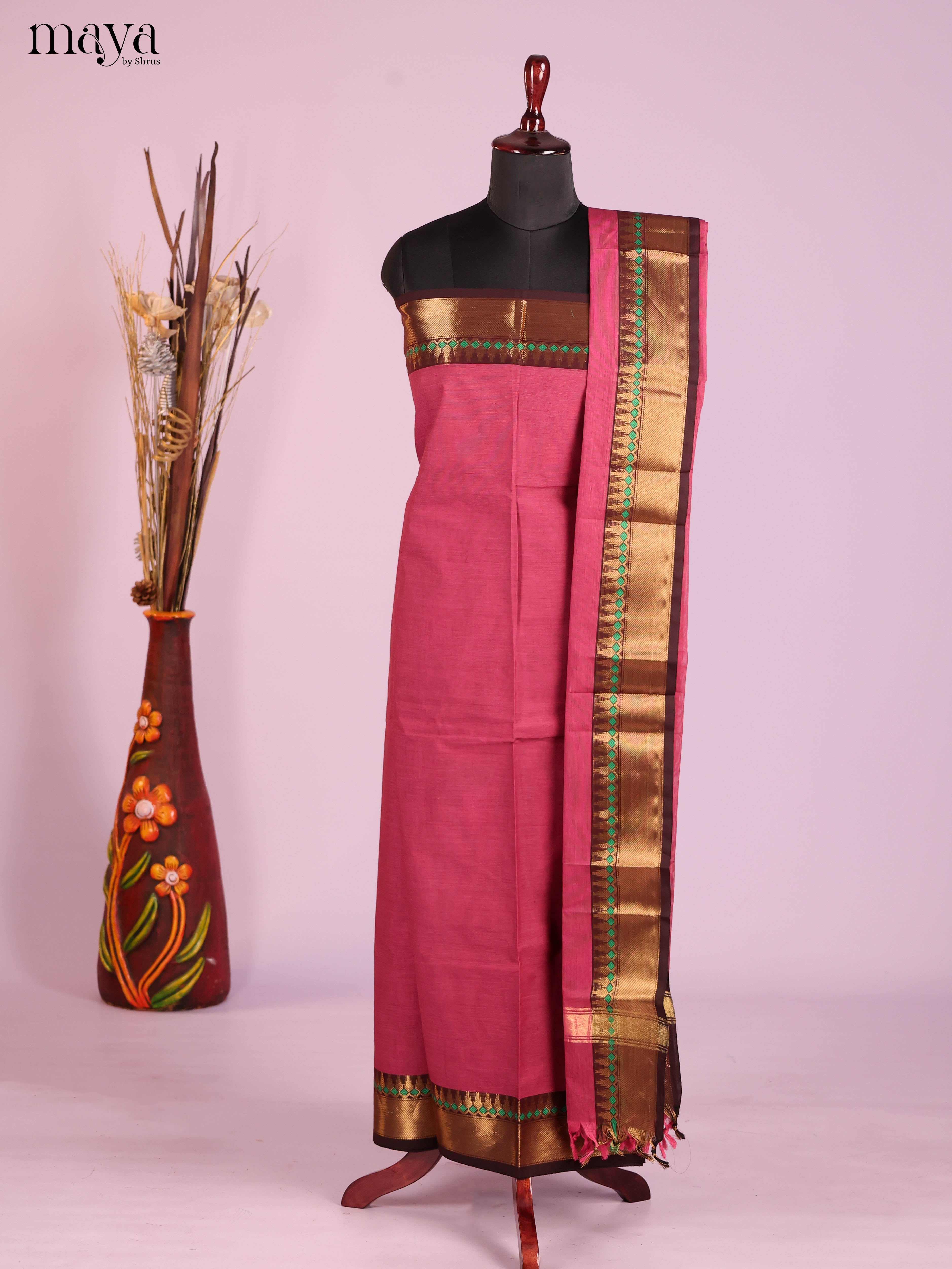 Exquisite Soft Pink Chettinad Top & Dupatta Material With Zari Border